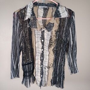 Alberto Makali Vintage Boho Fairy Sheer Sequin Crinkle Pearlescent Button Top